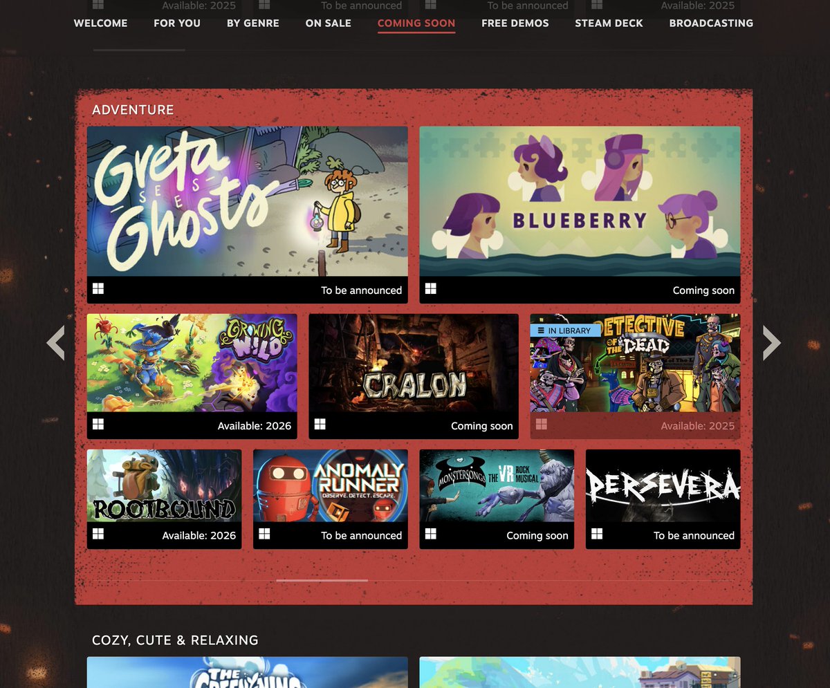 store.steampowered.com/sale/Games-For… finishes today. Our upcoming Detective of the Dead was selected too. Great to be next to other adventures like: Greta Sees Ghosts, <a href="/GamesMellow/">BLUEBERRY</a>  Blueberry, <a href="/NeoBirdSoft/">NeoBird GmbH & Co. KG</a>  Growing Wild, <a href="/PitheadStudio/">Pithead Studio</a> Cralon, <a href="/BrainlagGames/">ROOTBOUND</a> Rootbound  
Next: #Gamescom2025