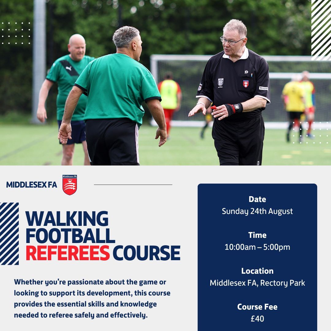 We're pleased to announce that we will be delivering The FA Walking Football Referees Course, offering a great opportunity for individuals to become qualified #referees in one of football’s fastest-growing formats ⚽ ✅ 

Read more and sign up here ⬇️ 

bit.ly/40FraS8