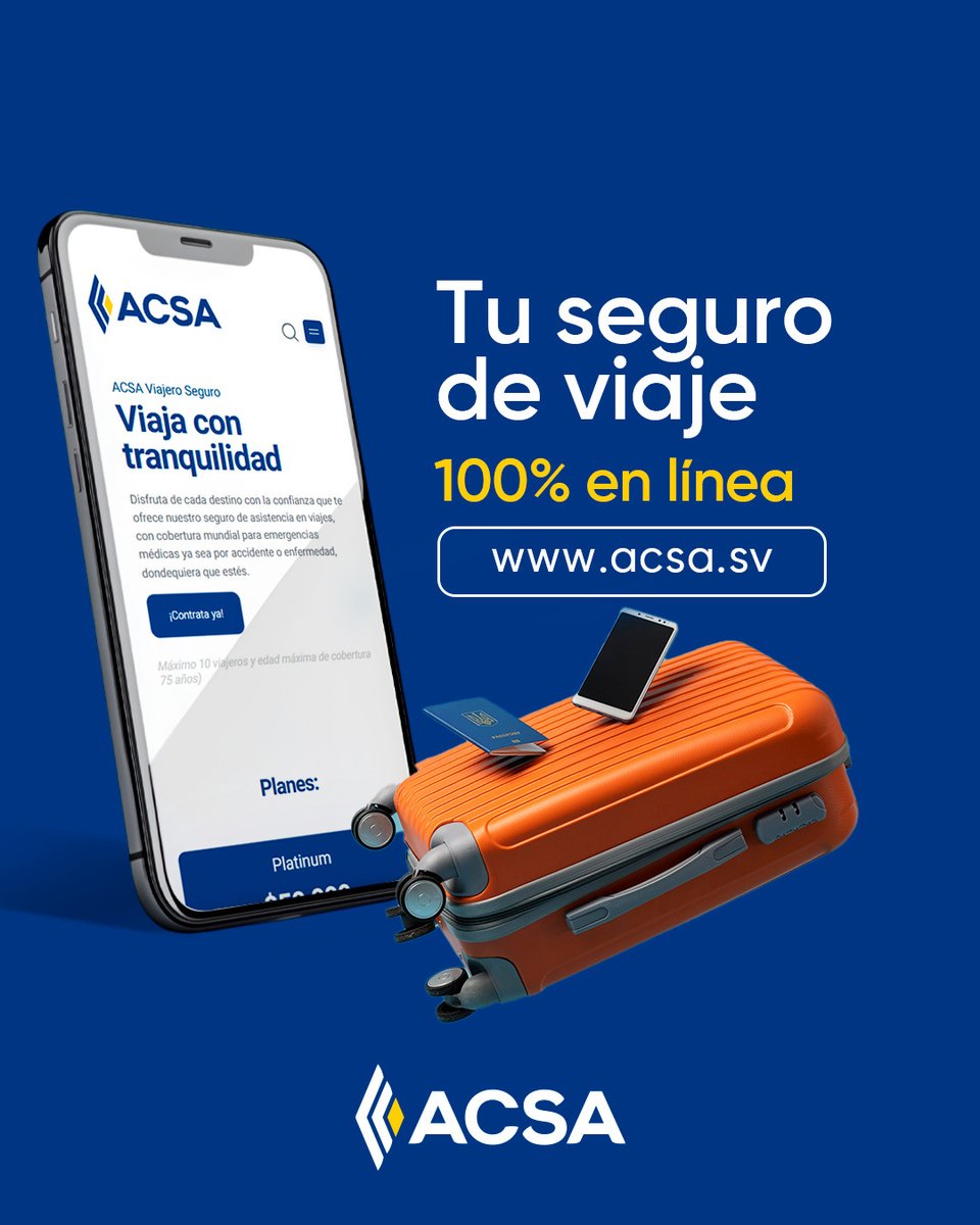 Tu maleta lista, tus boletos comprados ¿Y tu seguro de viaje? ✈️ Con ACSA puedes contratarlo en línea en minutos, sin trámites largos ni complicaciones.

Asistencia médica, cancelaciones, pérdida de equipaje y más, todo en un solo clic. 

Contrata hoy 👉 acsa.sv/acsa-viajes