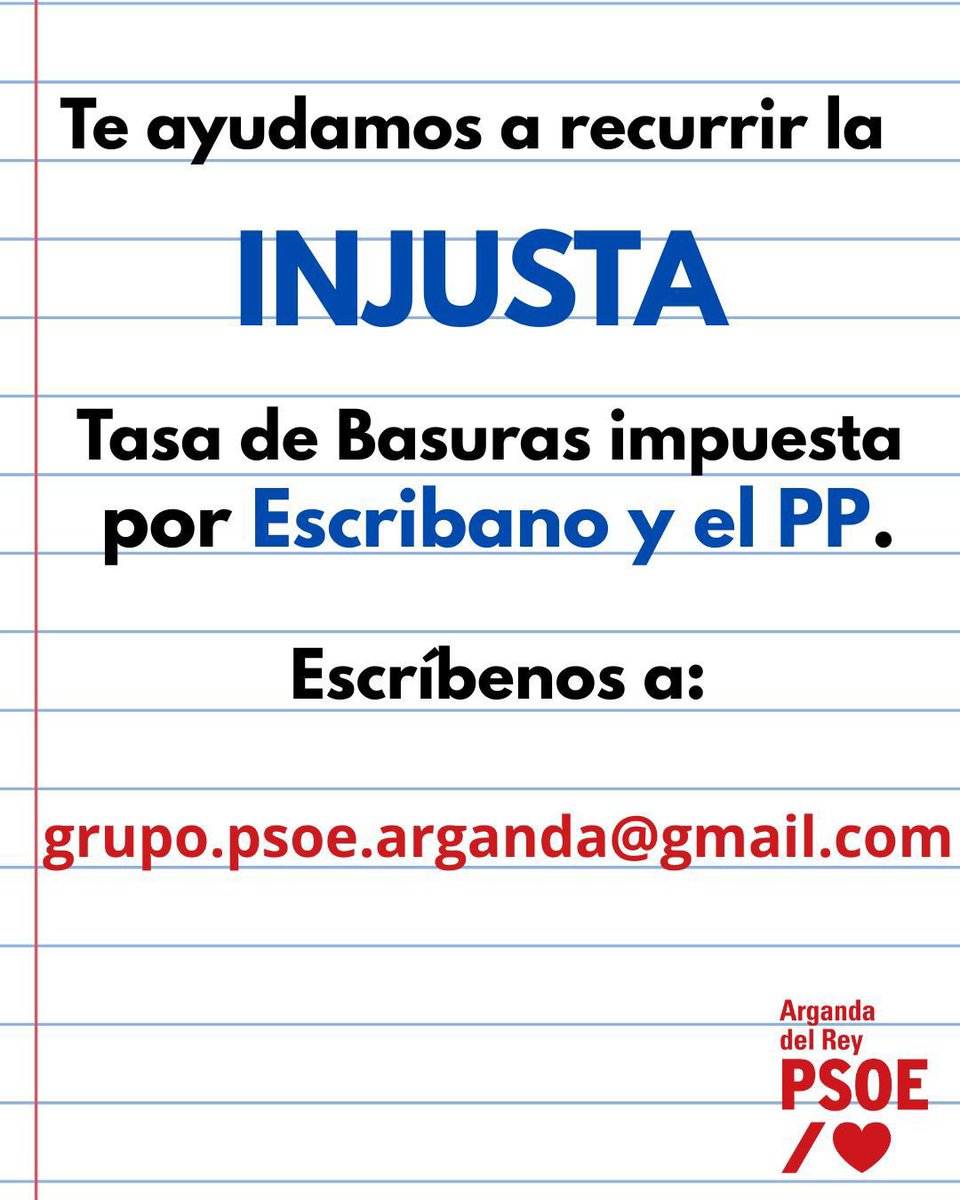 PSOE Arganda /❤️ (@psoearganda) on Twitter photo Desde el PSOE de Arganda te ayudamos a interponer recurso ante la injusta y desproporcionada Tasa de Residuos que ha creado el PP de Escribano en nuestro municipio.
Ponte en contacto con nosotros en el correo grupo.psoe.arganda@gmail.com Desde el PSOE de Arganda te ayudamos a interponer recurso ante la injusta y desproporcionada Tasa de Residuos que ha creado el PP de Escribano en nuestro municipio.
Ponte en contacto con nosotros en el correo grupo.psoe.arganda@gmail.com