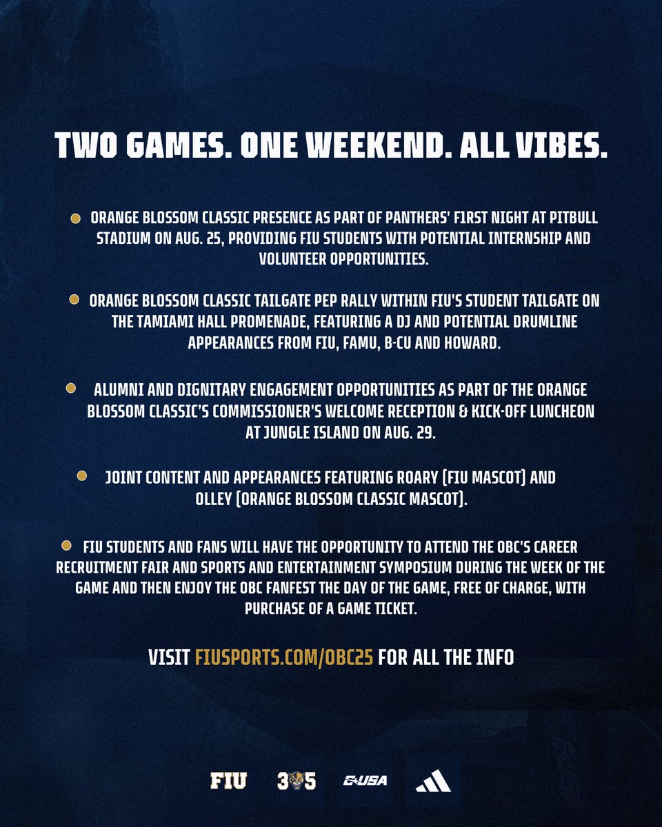 FIU Athletics (@fiuathletics) on Twitter photo One Big Weekend. Two Big Games. 🔥
Kick it off Friday (Aug. 29) at Pitbull Stadium for our home opener and meet us Saturday at <a href="/HardRockStadium/">Hard Rock Stadium</a> for Howard vs FAMU at the @OrangeBlossomFC 👏 One Big Weekend. Two Big Games. 🔥
Kick it off Friday (Aug. 29) at Pitbull Stadium for our home opener and meet us Saturday at <a href="/HardRockStadium/">Hard Rock Stadium</a> for Howard vs FAMU at the @OrangeBlossomFC 👏