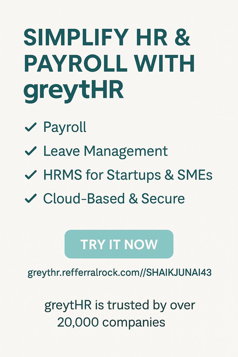 jkworld035's tweet image. 📈 Want to manage employees and payroll more efficiently?
greytHR makes HR management easy – from onboarding to salary processing.Smart dashboards. Fast setup. Cloud-based.Sign up here: greythr.referralrock.com/l/SHAIKJUNAI43
#BusinessGrowth #greytHR #EmployeeManagement #StartupTools