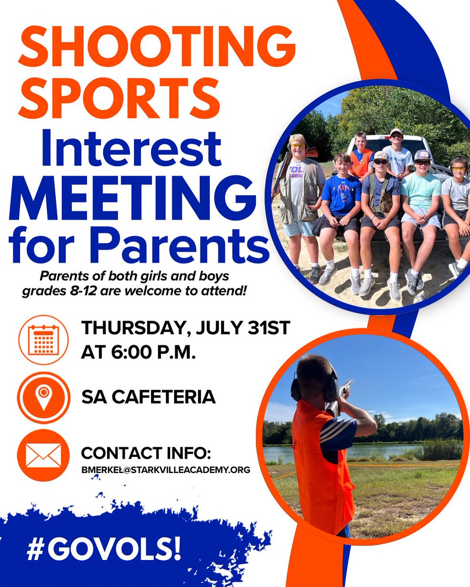 Don’t forget! There will be a Shooting Sports interest meeting for parents today at 6:00 p.m. in the SA Cafeteria. Parents of both girls and boys grades 8-12 are welcome to attend! #ChooseSA #GoVols