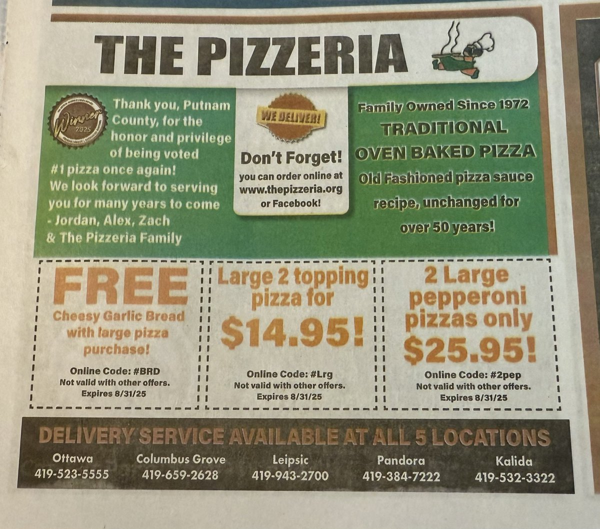 Thank you to Putnam County’s #1 staff and #1 Pizza Patrons who once again made this award possible. 

Ya’ll are the best and we are so blessed!❤️