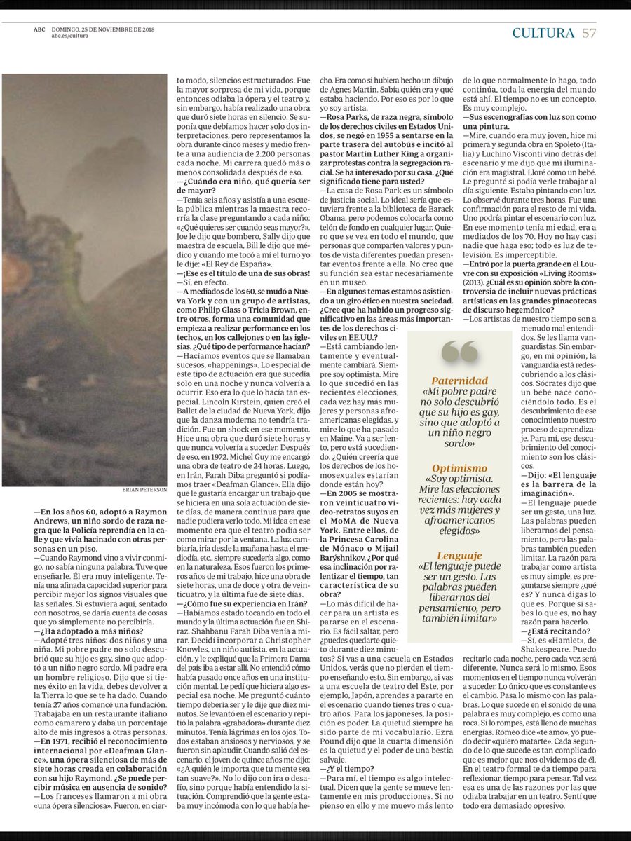 Recupero la entrevista a Robert M. Wilson, con motivo de su fallecimiento hoy en Nueva York. D.E.P.
Genial artista, director de teatro y ópera, arquitecto, diseñador de escenografía e iluminación, artista visual y fundador de The Watermill Center. abc.es/cultura/abci-r…