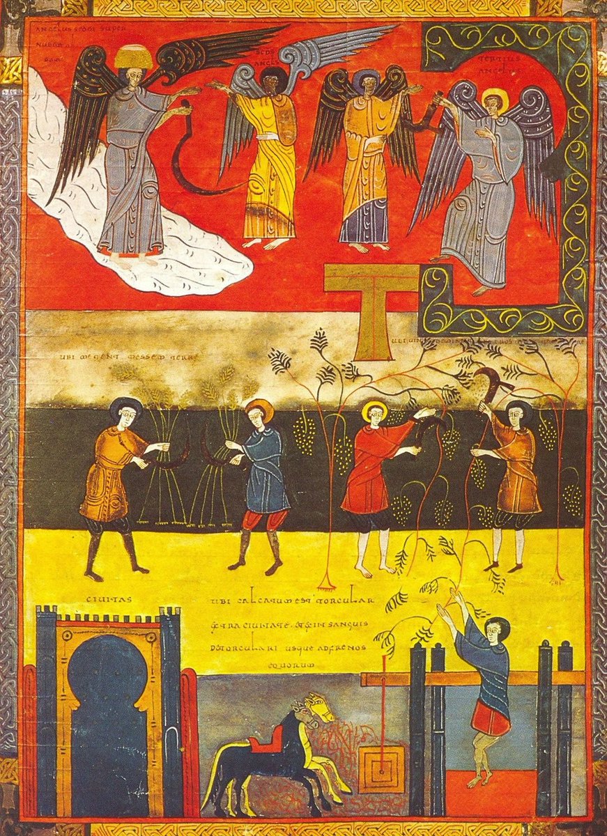 Los ángeles con las hoces. La siega. La vendimia de la Tierra. El pisado de la vid en el lagar de la era de Dios. Apocalipsis, XIV, 14-20. Beato de Fernando I y doña Sancha, mediados siglo XI.