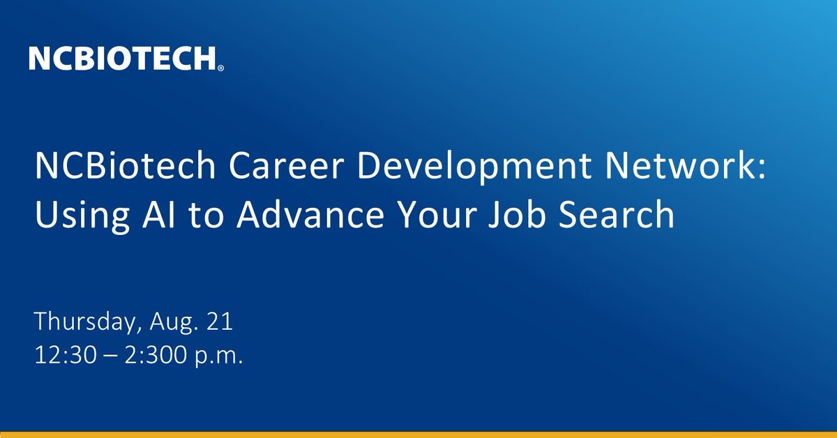 NCBiotech #NCLifeSciences (@ncbiotech) on Twitter photo Struggling to identify roles you should apply for, or worried that your resume needs improvement? Join our Career Development Network on Aug. 21 for a presentation on using #AI to advance your job search and #networking. Register at: hubs.ly/Q03zwRry0 Struggling to identify roles you should apply for, or worried that your resume needs improvement? Join our Career Development Network on Aug. 21 for a presentation on using #AI to advance your job search and #networking. Register at: hubs.ly/Q03zwRry0