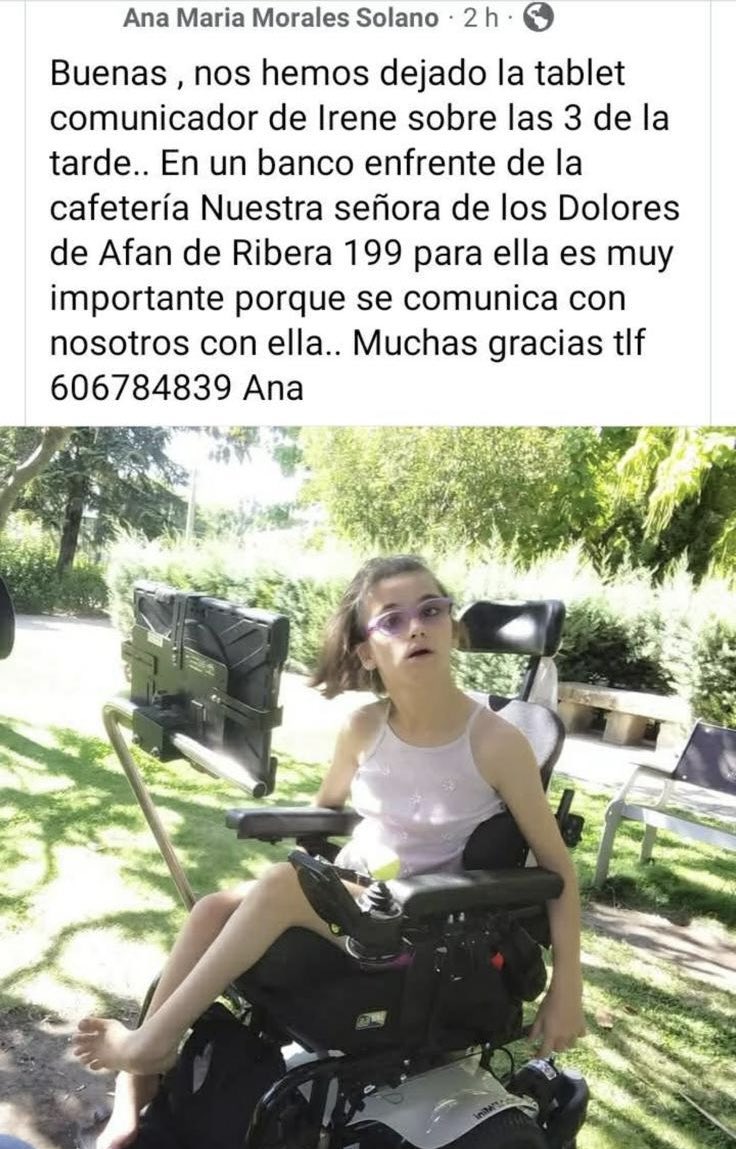 Entre todos podemos 💪🏻 ayudar a nuestra vecina Irene a recuperar su tablet comunicador.

Te invito a difundir este mensaje.