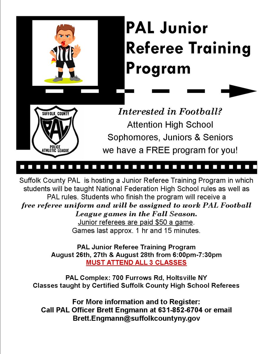 Time for our Junior Referee Training Program! 🏈
This program is geared towards HS students who are interested in refereeing youth PAL football games.
You must be able to attend all 3 training dates to qualify. Limited spots available-reach out early to Officer Engmann!
#football