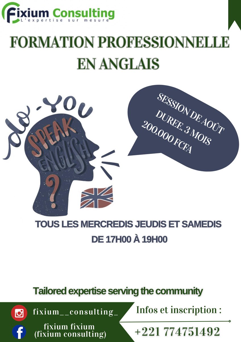 🥳📢 formation professionnelle en anglais ⬇️
Bientôt la clôture des inscriptions et le début des cours ☺️ 
✅Vous pouvez contacter le service 221 7747514 92
💌Mon DM reste ouvert pour vos éventuelles questions