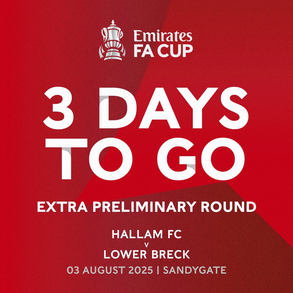 Back in Sandygate action! ⚽️ 

We’re back in <a href="/EmiratesFACup/">Emirates FA Cup</a> action this Sunday. 

👕 <a href="/lowerbreck/">LOWER BRECK FC</a> 
🕑 2:00pm KO
🎟️ £9 Adults
🎫 £6 Concessions
🧒 £2 Under 12s with paying adult

Let’s pack it out and kick off our season! 👏🏻💙

#HallamFC