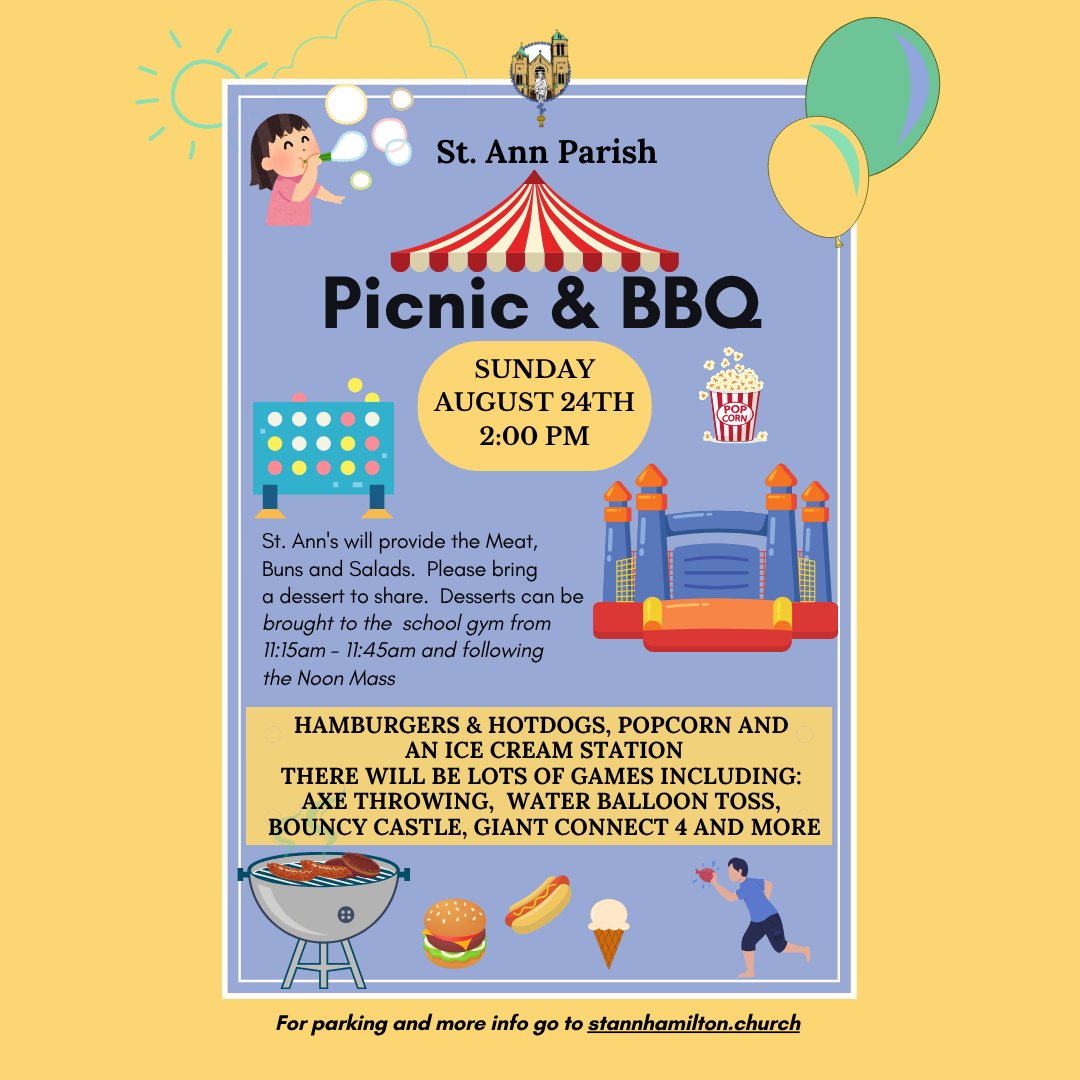 St. Ann's Hamilton (@stannhamilton) on Twitter photo Our Parish Picnic & BBQ is coming up on August 24th with lots of games and great food!  Put the date on your calendar and plan to come. Our Parish Picnic & BBQ is coming up on August 24th with lots of games and great food!  Put the date on your calendar and plan to come.