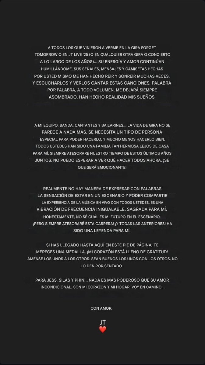 JTChile's tweet photo. Las palabras de Justin Timberlake tras finalizar el tour mundial. Entre otras cosas, reveló que fue diagnosticado con la enfermedad de Lyme. Mucho amor para ti JT ♥️ #JTLIVE25 https://t.co/9LhCFA5riR https://t.co/GgJ5IYwPlc
