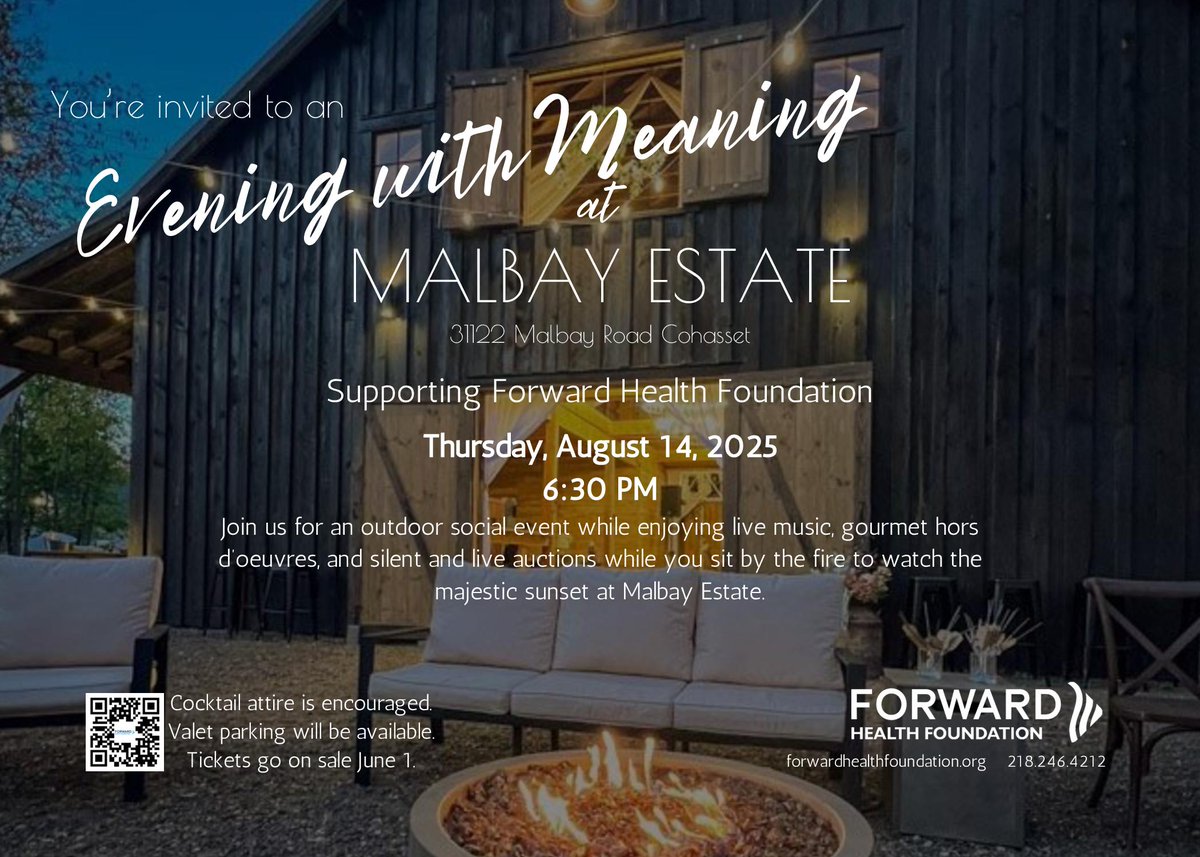 ✨ Enjoy a relaxed Evening with Meaning under the summer sky in support of Forward Health Foundation. Event is at Malbay Estate in Cohasset on Thursday, August 14th and tickets are on sale now! 
🔗 forwardhealthfoundation.org/event/evening-…
#PaulBunyanCommunity