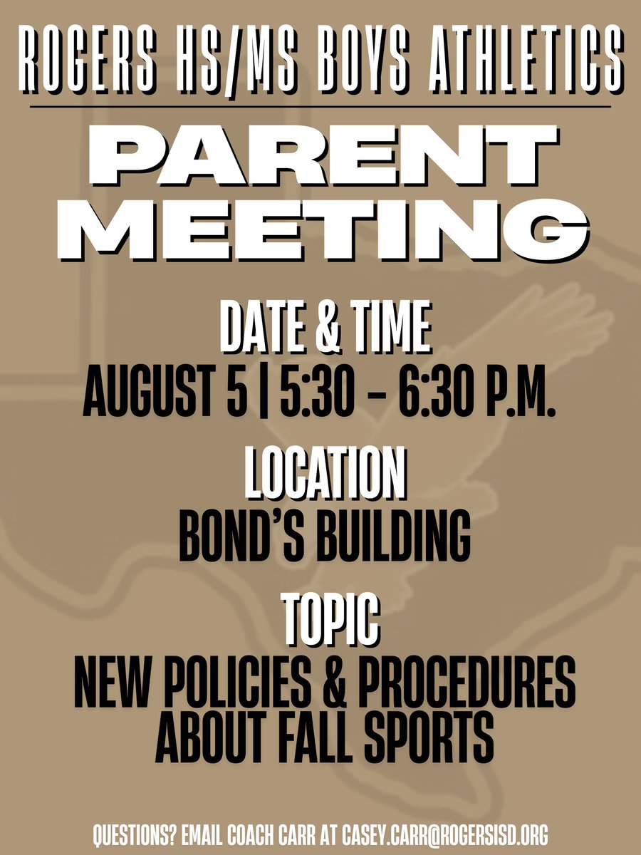 To all guardians of HS &amp; MS boys athletes:
We will have a meeting next Tuesday at 5:30 PM to discuss new policies and procedures for the upcoming season.
Your attendance is important—we look forward to seeing you there.