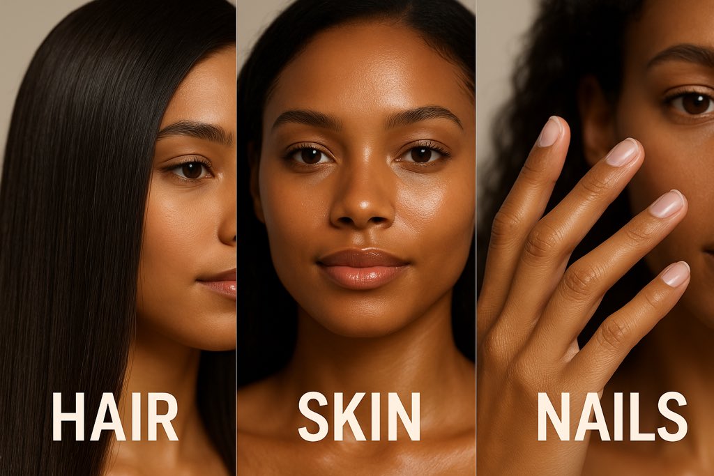 HAIR, SKIN &amp; NAILS.

Your hair, skin and nails are key indicators of health.

So if your hair is thinning, your skin looks dull, or your nails keep breaking, pause.

Here are 5 possible reasons things are going off, and what you can do to glow from the inside out 👇🏼