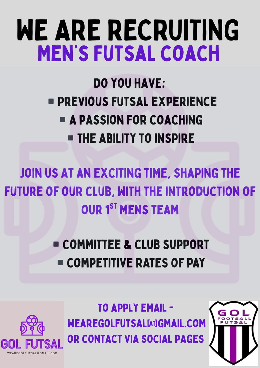 We are hiring! 👀 

▪️Men’s team lead coach ▪️

An exciting opportunity to join our first senior team! We're a committed and talented group who have progressed through the youth ranks 

📧 wearegolfutsal@gmail.com