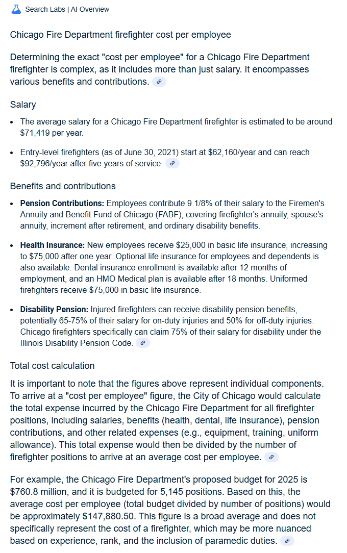 hbbtruth's tweet photo. @rohindhar @John_Kass @amyjacobson @ChicagoContrar1 @Austin__Berg @DanButtersChi @Chicago_Goofies @Libs_OfChicago Any idea how this #SFFD info compares to #ChicagoFD? ๐ฉโ๐๐จโ๐
๐ Google Search AI re #CFD salaries, benefits, pensions, but no median avg.๐ฅ
@SusanDReynolds @thomashawk @war24182236 https://t.co/8b3sjlTzGH