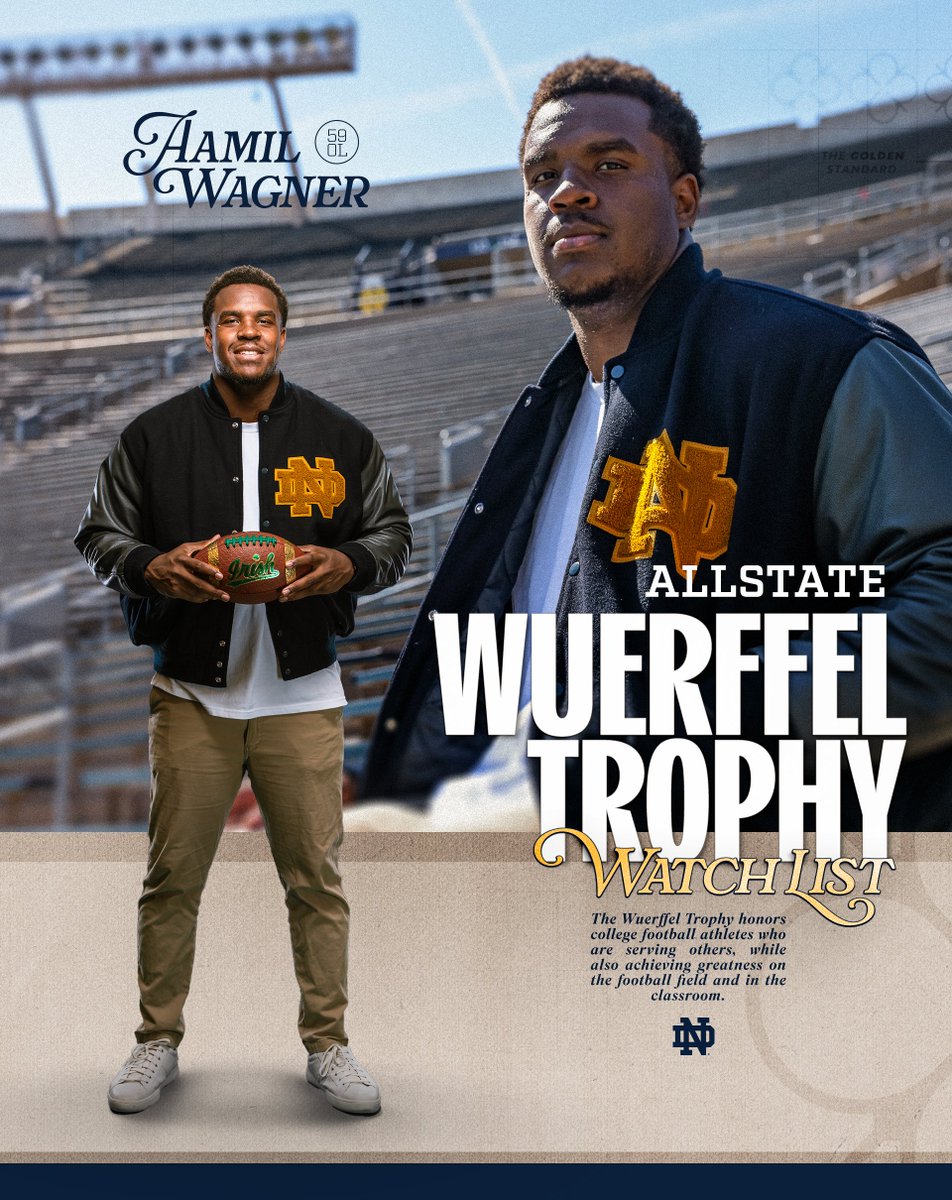 Notre Dame Football (@ndfootball) on Twitter photo A force for good ☘️
<a href="/AamilWagner/">Aamil Wagner</a> has been named to the 2025 Allstate <a href="/WuerffelTrophy/">Allstate Wuerffel Trophy</a> Watch List
#GoIrish☘️ A force for good ☘️
<a href="/AamilWagner/">Aamil Wagner</a> has been named to the 2025 Allstate <a href="/WuerffelTrophy/">Allstate Wuerffel Trophy</a> Watch List
#GoIrish☘️