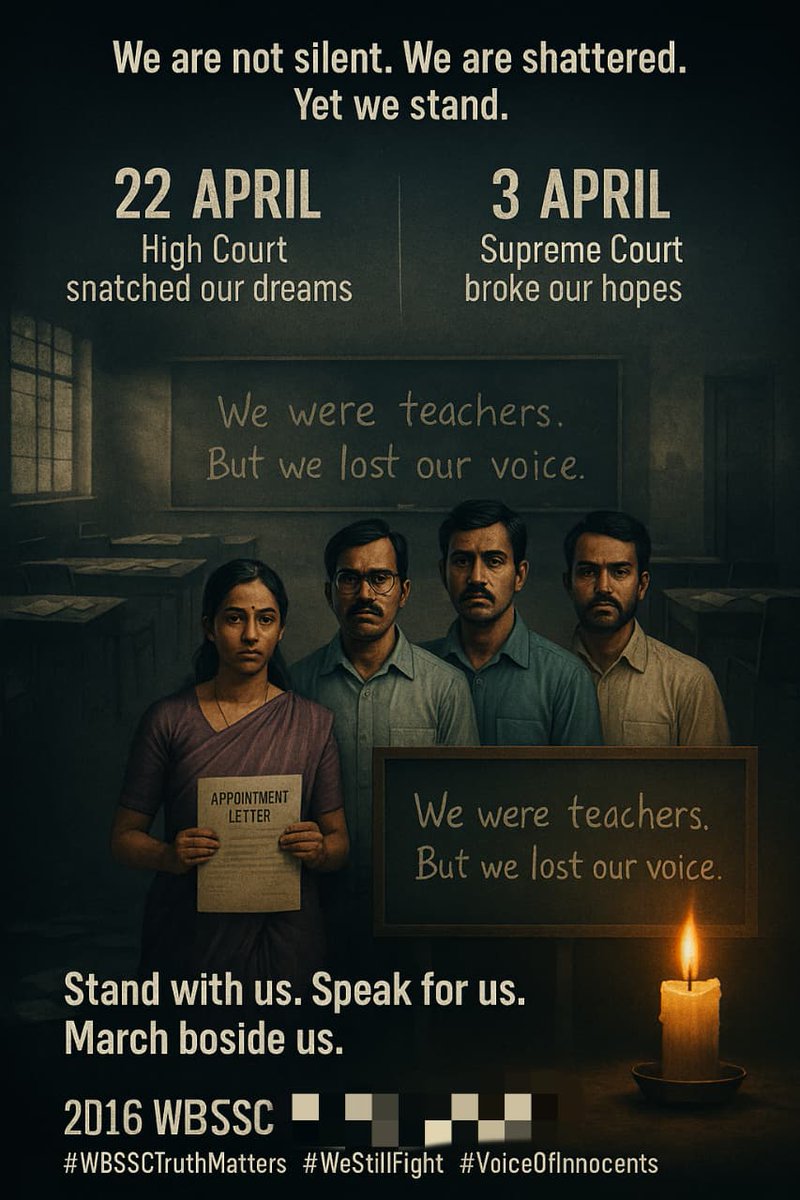 #SaveUntaintedTeachersWbssc2016 
Innocent we stand, with chalk in hand,
Why are we punished across this land?
WeAreUntainted JusticeForTeachers SLST2016
<a href="/rashtrapatibhvn/">President of India</a>
<a href="/PMOIndia/">PMO India</a>
<a href="/EduMinOfIndia/">Ministry of Education</a>
<a href="/MamataOfficial/">Mamata Banerjee</a>
<a href="/timesofindia/">The Times Of India</a>
<a href="/ndtvindia/">NDTV India</a> 
<a href="/LawChakra/">LawChakra</a> 
<a href="/Republic_Bharat/">Republic Bharat - रिपब्लिक भारत</a> 
<a href="/ZeeNews/">Zee News</a>