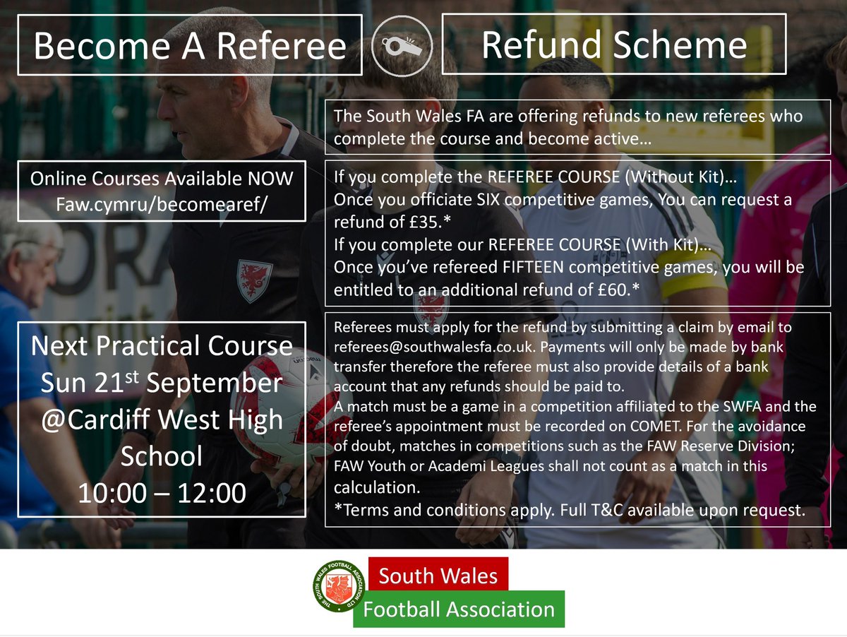 Our next referee practical day will be on Sunday 21st September at Cardiff West High School. 

Sign up now and complete the online part of the course to book your place 👇

FAW.cymru/becomearef/