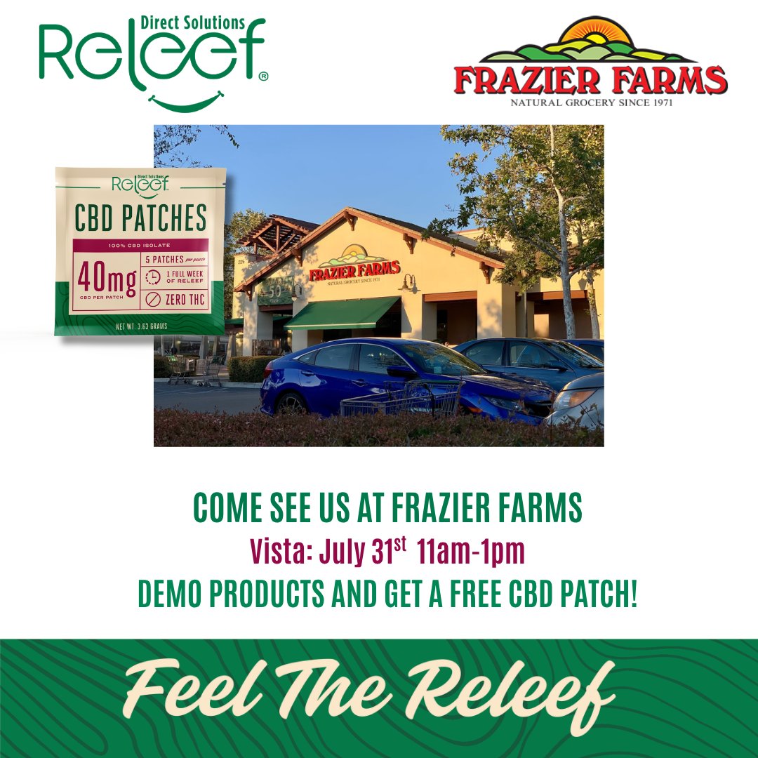 ReleefDirect's tweet image. 🌿 Stop by Frazier Farms Vista, CA on 7/31 from 11AM–1PM for a CBD demo &amp;amp; Free Patch!

🎁 Get a FREE CBD patch
💬 Learn about CBD benefits
✨ Expert tips &amp;amp; natural relief
#CBD #ReleefDirect #VistaEvents #CBDPatch #FrazierFarms #NaturalRelief #TryCBD #Wellness