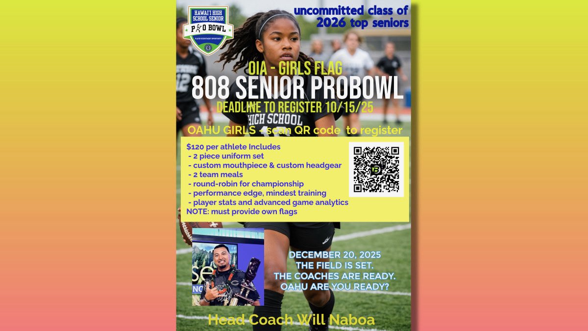 Oahu Island, C/O 2026, The 1st annual 808 Girls Flag Senior PROBOWL @ Waipahu HS 12/20/2025. OIA HC is Campbell's HC Will Naboa. All Hawaii Senior Girls Showcase. Battle of the Islands-Hawaii,Kauai,Lanai,Maui,Molokai, Oahu. 
#hawaiigirlsflagfootball #femalesinflag