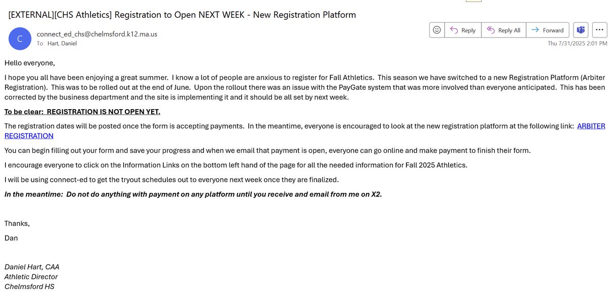 Important Registration Info was sent via connect-ed to all CHS Students and Parents.  Please read.  Registration is not open yet but will be soon.  Please read the message for information.  <a href="/CPSchoolsMA/">Chelmsford Public Schools</a> <a href="/CHSASBoosters/">Chelmsford Booster Club</a> <a href="/CHS_Tundra/">The Tundra</a>