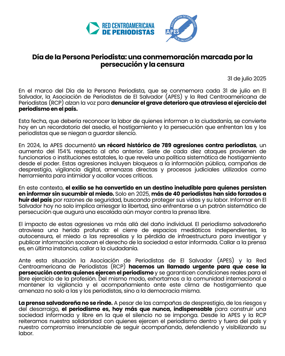 📢 COMUNICADO | Este 31 de julio conmemoramos el Día de la Persona Periodista en El Salvador. En tiempos donde la verdad incomoda, ejercer el periodismo es un acto de coraje y compromiso.

➡️ Desde la RCP y <a href="/apeselsalvador/">APES</a> reafirmamos nuestra solidaridad con quienes informan con