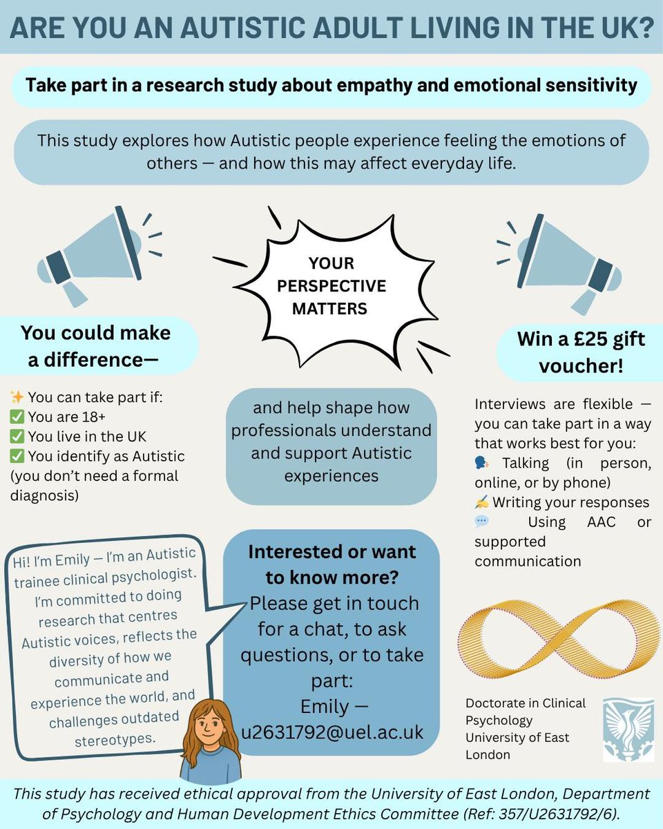 Steven Kapp (@drstevenkapp) on Twitter photo Emily Jerram (an Autistic trainee clinical psychologist) still needs autistic men participants for an interview-based study on autism & empathy. Options incl spoken (online or near London), written, AAC, or w/ support. Please email u2631792@uel.ac.uk w/ q's or to express interest Emily Jerram (an Autistic trainee clinical psychologist) still needs autistic men participants for an interview-based study on autism & empathy. Options incl spoken (online or near London), written, AAC, or w/ support. Please email u2631792@uel.ac.uk w/ q's or to express interest
