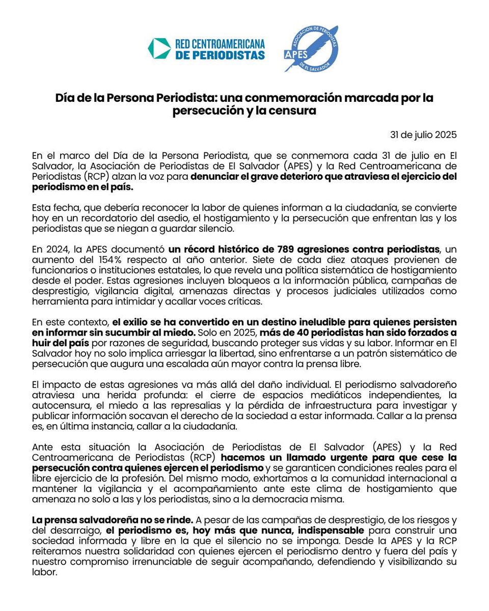 📢 COMUNICADO | Este 31 de julio conmemoramos el Día de la Persona Periodista en El Salvador.
Informar con la verdad es un acto valiente.

➡️ Desde APES y la RCP reafirmamos nuestro apoyo a quienes ejercen el periodismo con integridad, y nuestro compromiso para defender su labor.
