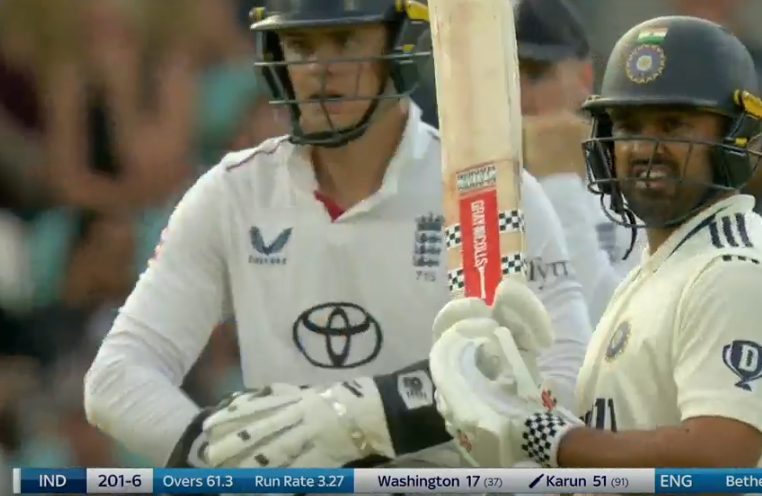 duckcrickpal's tweet photo. Karun Nair gets his 50*! 

First fifty of this #eng series for Nair! 

He looks relieved! 
He was dropped for the 4th test.  

 #INDvsENGTest #ENGvsIND #OvalTest #5thTest https://t.co/304cfIGGCP