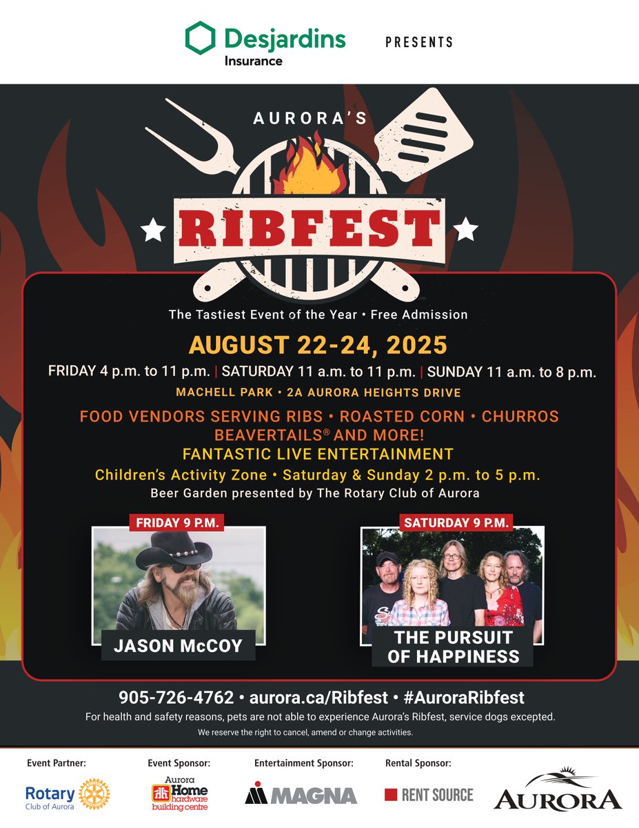 🚨 AURORA! (and the whole York Region - why not?) Fantastic food and wicked tunes coming in the home stretch of this 🥵 summer. See you August 23rd! 
🐖🔥♥️🤘 #AuroraRibfest