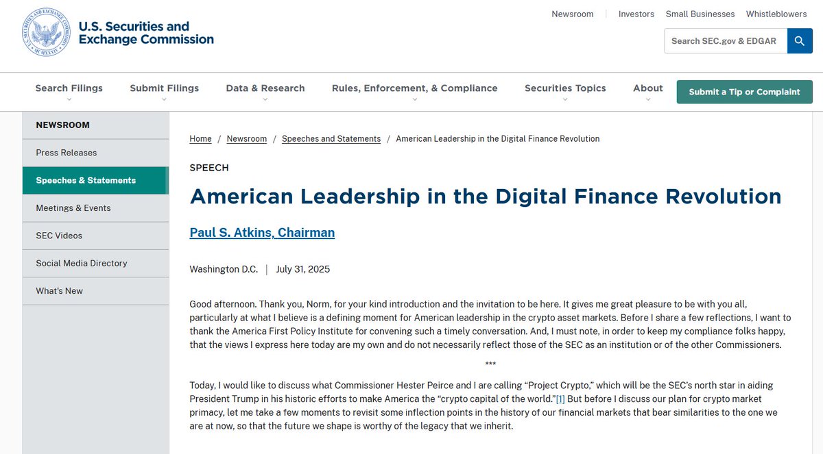 triremetrading's tweet image. DEVELOPING STORY: The 🇺🇸 US SEC Launches “Project Crypto” to Make America the Onchain Financial Capital of the World.

Key initiatives include:
• Clear rules for crypto issuance, custody, and trading
• Regulatory approval for tokenized stocks and stablecoins
• Support for…