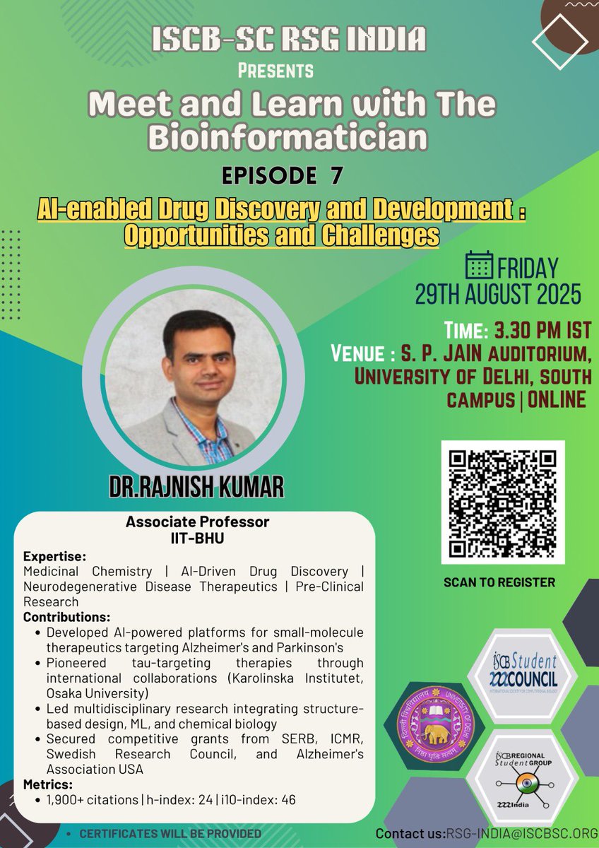 ISCB_RSG_India's tweet photo. 🚨 MLTB Series Ep. 7 🚨
Join Dr. Rajnish Kumar (IIT BHU) as he shares insights on AI-driven drug discovery for Alzheimer’s & Parkinson’s.
🧠 29 Aug | 3:30 PM IST | Hybrid
🎯 Register: https://t.co/Uxx2avOk6f
#AI #DrugDiscovery #MLTB https://t.co/TSBm0RHHY7