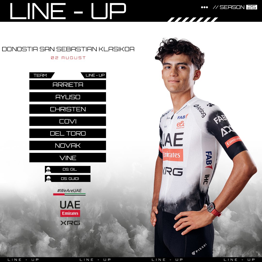 TeamEmiratesUAE's tweet image. We can confirm our line-ups for the @dklasikoa and the @CircuitoGetxo, which will take place on Saturday and Sunday 🇪🇸 #WeAreUAE

🇲🇽 @ISAACDELTOROx1 
🇪🇸 @juann_ayuso 
🇮🇹 @AlessandroCovi 
🇪🇸 @Igorarrieta9 
🇸🇮 @DomenNovak 
🇦🇺 @JayVine3 
🇨🇭 @janchristen04 (San Sebastián only)
🇪🇸…