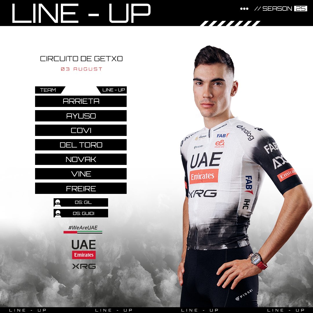 TeamEmiratesUAE's tweet image. We can confirm our line-ups for the @dklasikoa and the @CircuitoGetxo, which will take place on Saturday and Sunday 🇪🇸 #WeAreUAE

🇲🇽 @ISAACDELTOROx1 
🇪🇸 @juann_ayuso 
🇮🇹 @AlessandroCovi 
🇪🇸 @Igorarrieta9 
🇸🇮 @DomenNovak 
🇦🇺 @JayVine3 
🇨🇭 @janchristen04 (San Sebastián only)
🇪🇸…