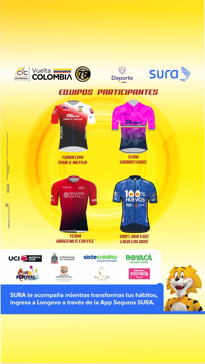 Vuelta a Colombia Oficial #VColombia2024 (@vueltacolombia1) on Twitter photo ¡EQUIPOS CONFIRMADOS!
Estas son las 2️⃣4️⃣ escuadras que participarán en la Vuelta a Colombia 2025 - 75 años @MindeporteCol. 🇨🇴🔥🚵🏽♂️
Gracias a <a href="/SegurosSURAcol/">Seguros SURA Colombia</a> viviremos con tranquilidad la carrera por etapas más importante del país. ¡EQUIPOS CONFIRMADOS!
Estas son las 2️⃣4️⃣ escuadras que participarán en la Vuelta a Colombia 2025 - 75 años @MindeporteCol. 🇨🇴🔥🚵🏽♂️
Gracias a <a href="/SegurosSURAcol/">Seguros SURA Colombia</a> viviremos con tranquilidad la carrera por etapas más importante del país.