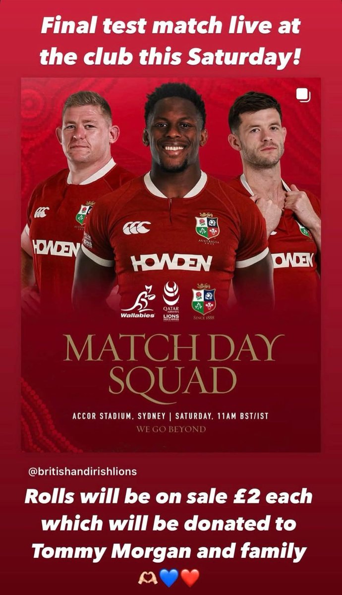 Saturday is the final Lions series test, but also a charity day for Tommy. 

Rolls £2 during the game with proceeds going to the family. 

Trek for Tommy starts at 11:45am meeting at Nelson Bus Station. Walking through Nelson, Quakers Yard and back to Treharris. 

❤️🩵🦅