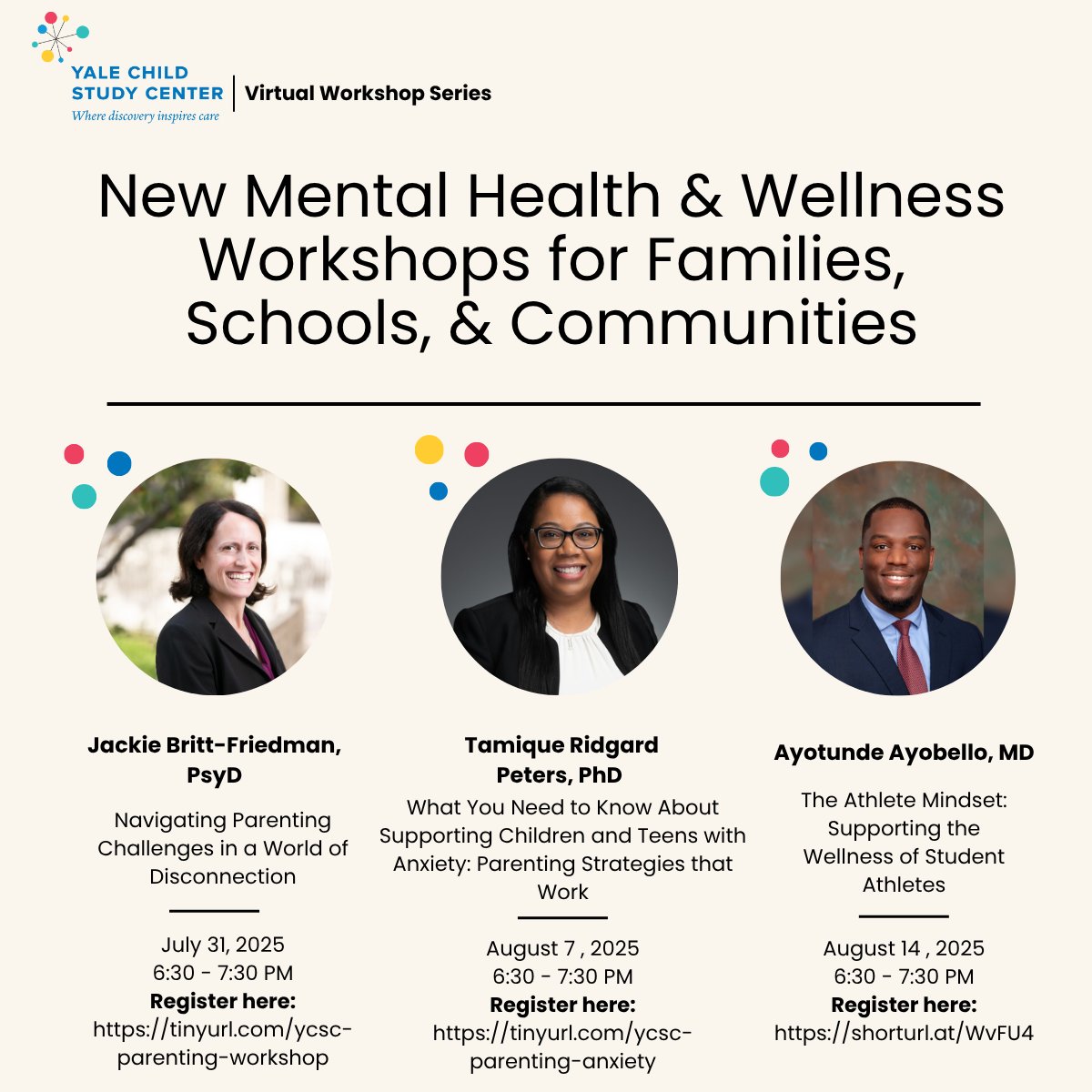 Join Yale Child Study Center’s free summer Zoom workshops on parenting, anxiety, and student wellness! Learn more about the the workshops here: shorturl.at/4bfEZ
