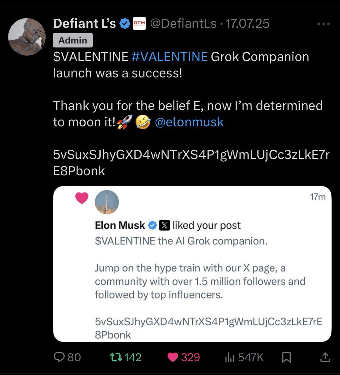 Why you should buy #valentine! 🌹

- Main grok companion
- DEV has ~1.6 million followers
- Elon Musk follows him
- 12% of supply was burnt
- Elon liked his pinned Message
- Elon reposted his tweets several times
- The token is deflationary
- 100-1000x 

#valentine is not