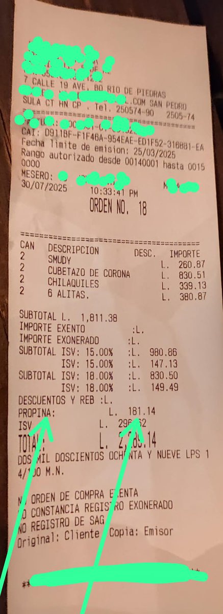 Restaurantes de San Pedro Sula 
👉 No condicionar al consumidor estableciendo un porcentaje en la factura. Práctica Abusiva.