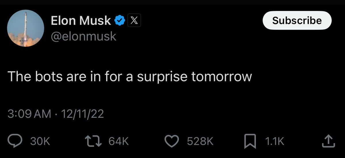 Remember when he sued Twitter over the bots to try to get out of the deal, then pretended to try to fight the bots, then stopped speaking about it entirely
