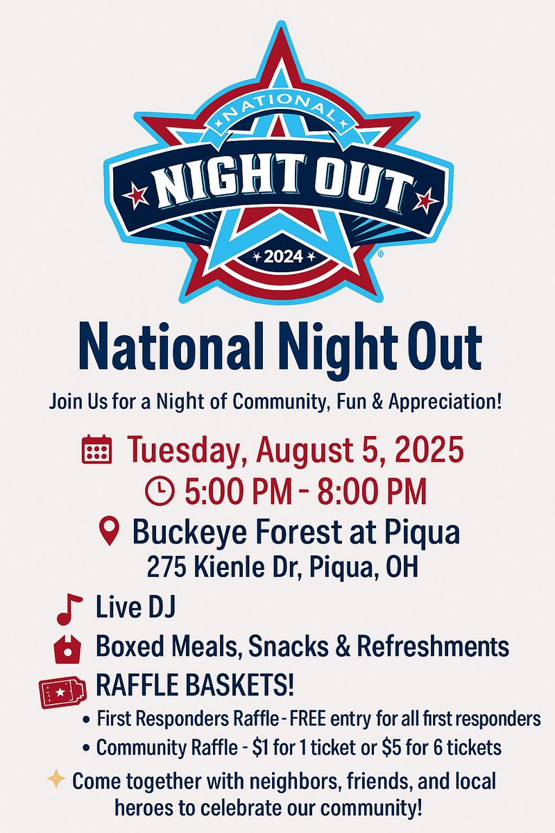 📣 National Night Out is Tuesday, August 5! 🚓🚒

Join us for an evening of community connection and fun! National Night Out is a nationwide campaign that promotes strong police-community partnerships and neighborhood camaraderie.