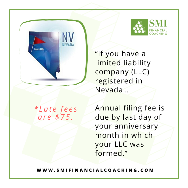 If you have a limited liability company (LLC) registered in #Nevada, your annual report and filing fee are due by last day of your anniversary month in which your LLC was formed. Late fees are $75. #smallbusiness #finances