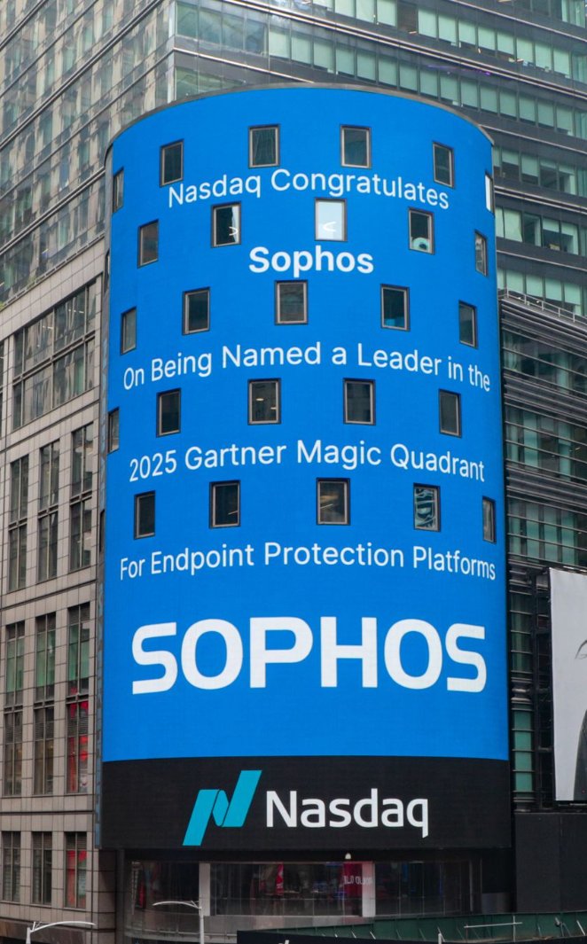Check it out NYC 👀
Sophos was featured on the Nasdaq MarketSite building to celebrate being named a Leader in the 2025 Gartner Magic Quadrant for Endpoint Protection Platforms for the 16th consecutive report! 
Thank you to our customers and partners for making this all possible!