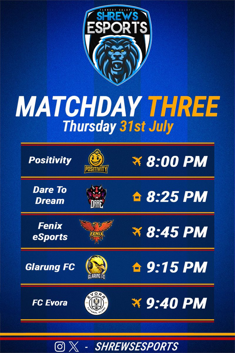 Welcome to Matchday 3!

5 big games for the lads today!

Tune in to see any game LIVE on xstokezx,

 Times shown below 
🔵🟡

#salop