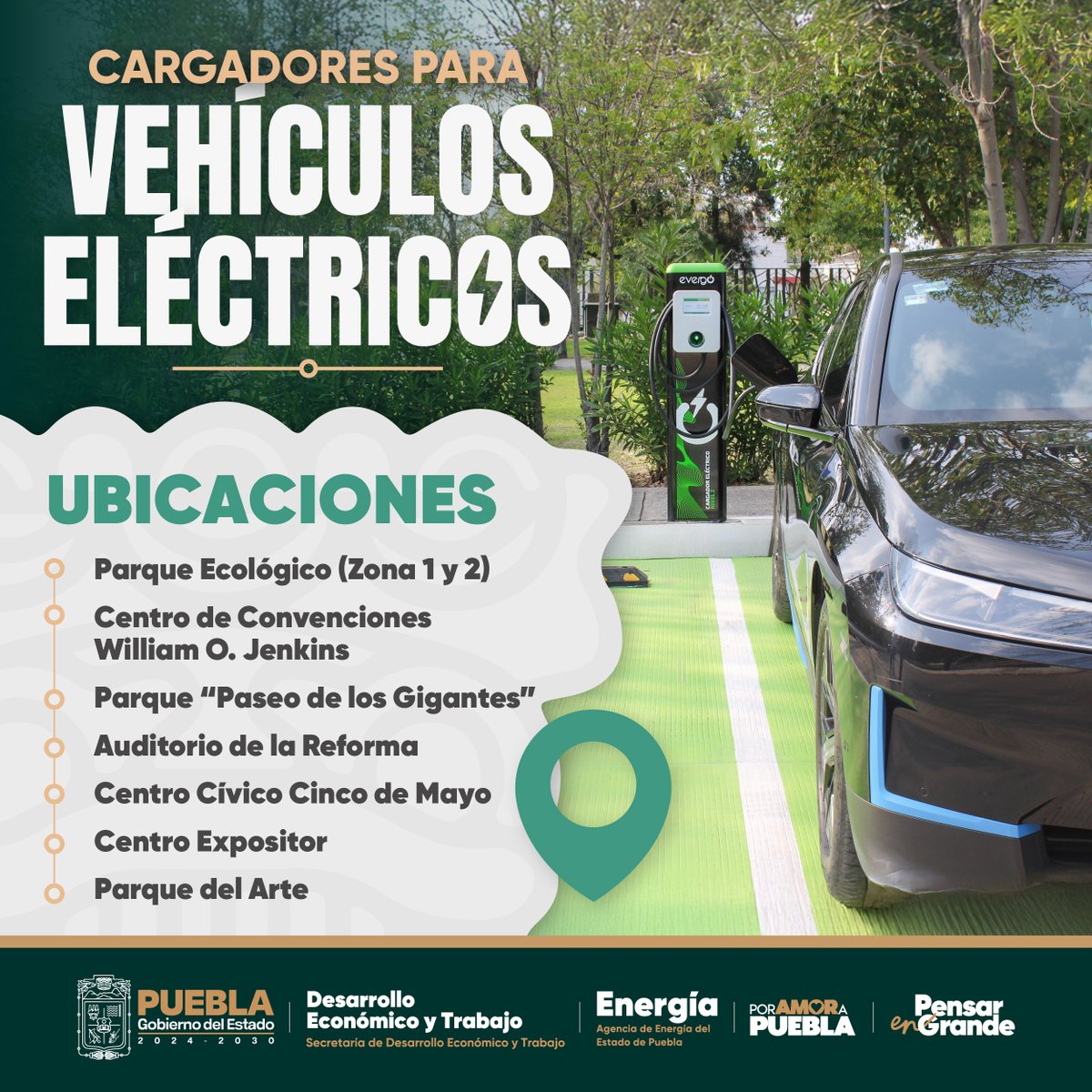 #PorAmorAPuebla avanzamos hacia un futuro más limpio y moderno: la infraestructura de carga para vehículos eléctricos es una realidad en puntos estratégicos de la zona metropolitana.

🔌🚘⚡ ¡#ApuestaPorLaElectromovilidad y sé parte del cambio!
