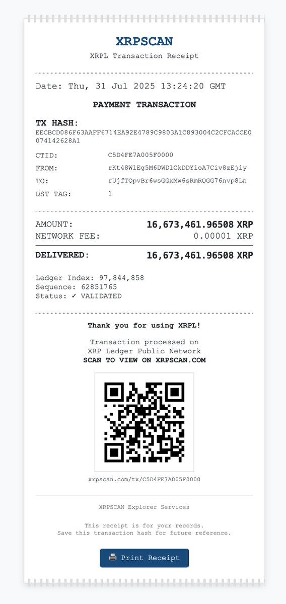 Announcing XRPL transaction receipts (beta). Want to save, share or print XRPL transactions for later reference? Just hit that 'Transaction receipt' button! - xrpscan.com/tx/C5D4FE7A005…