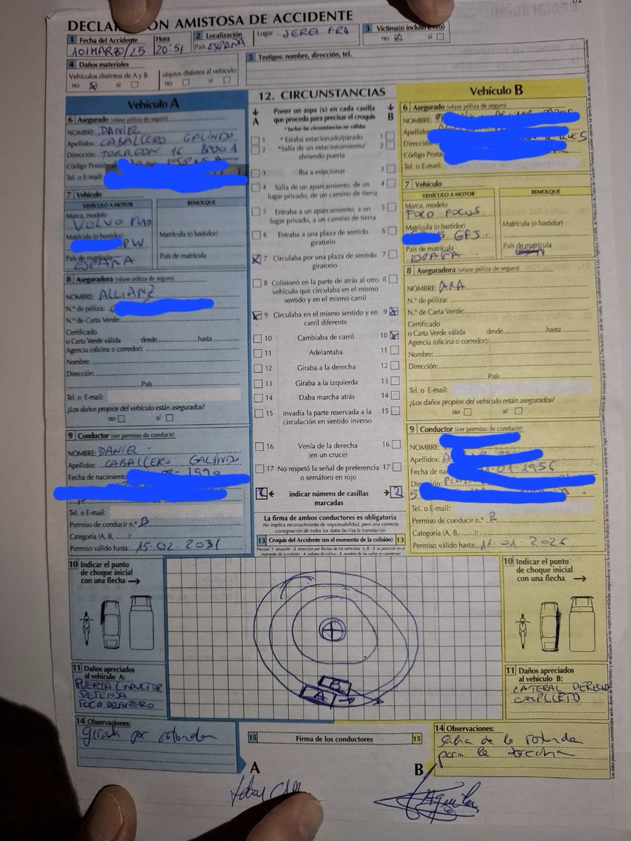 Llamé a Policía Local de Jerez, quienes me dijeron que si se firmaba parte amistoso ellos no tenían nada que hacer, ya que estaba todo "CLARÍSIMO"

Aquí tenéis foto del parte...
El coche A es el mío